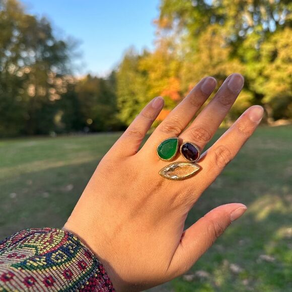 Triple Gemstone Cluster Cocktail Ring Statement Ring Brass - Picture 2 of 8
